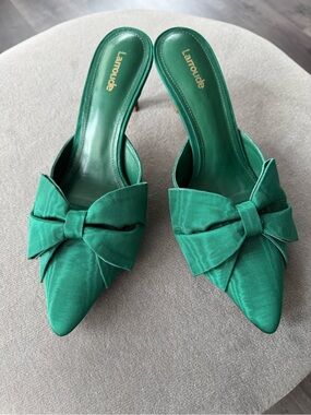Larroude Emerald Green Pointed-Toe Bow Mules